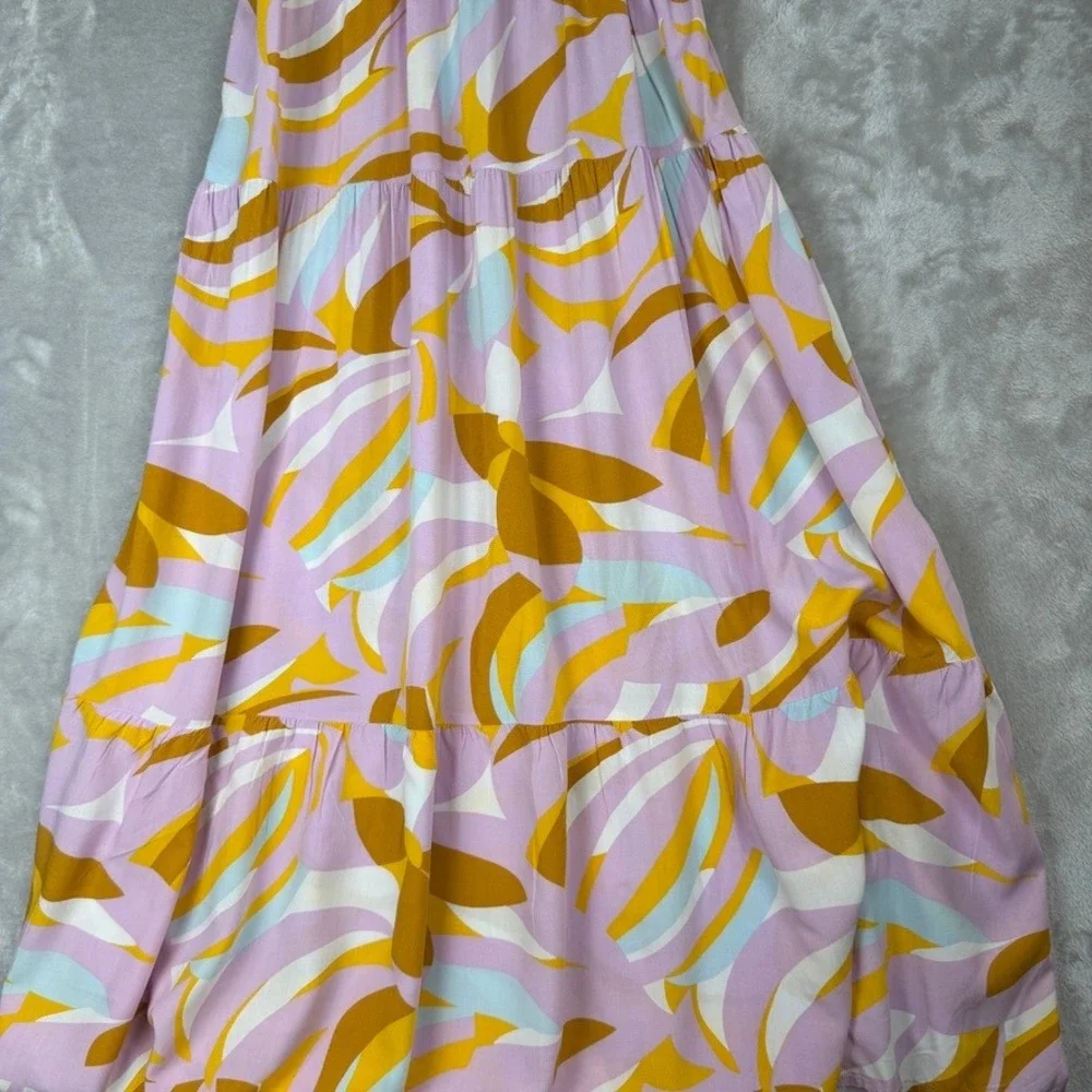 spring tiered midi dress print smocked bodice tie‎ straps lavender yellow